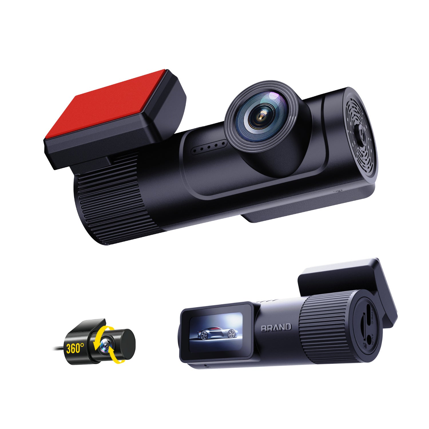 Car dashboard camera with additional accessories on a white background