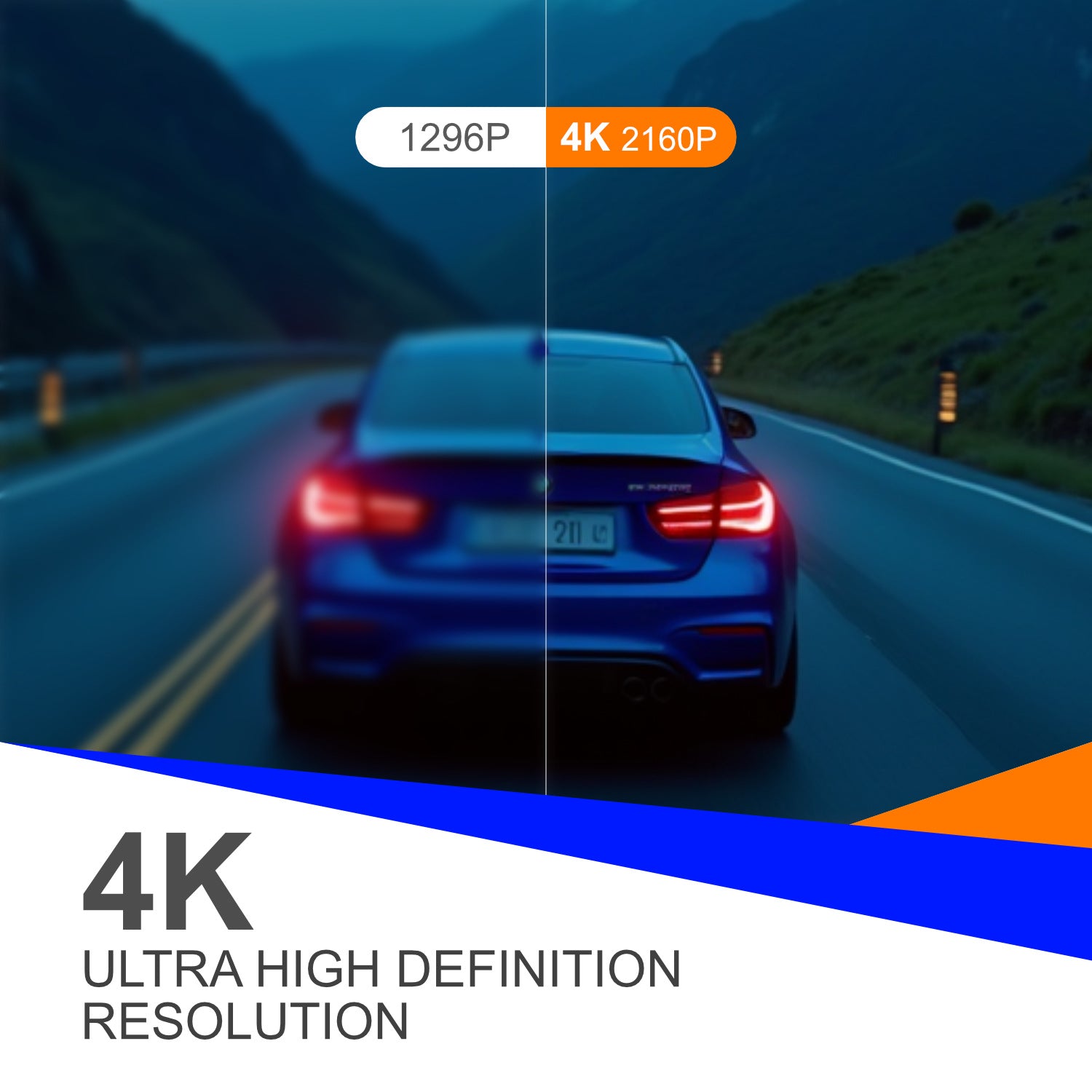 Car on a mountain road with 4K resolution text overlay