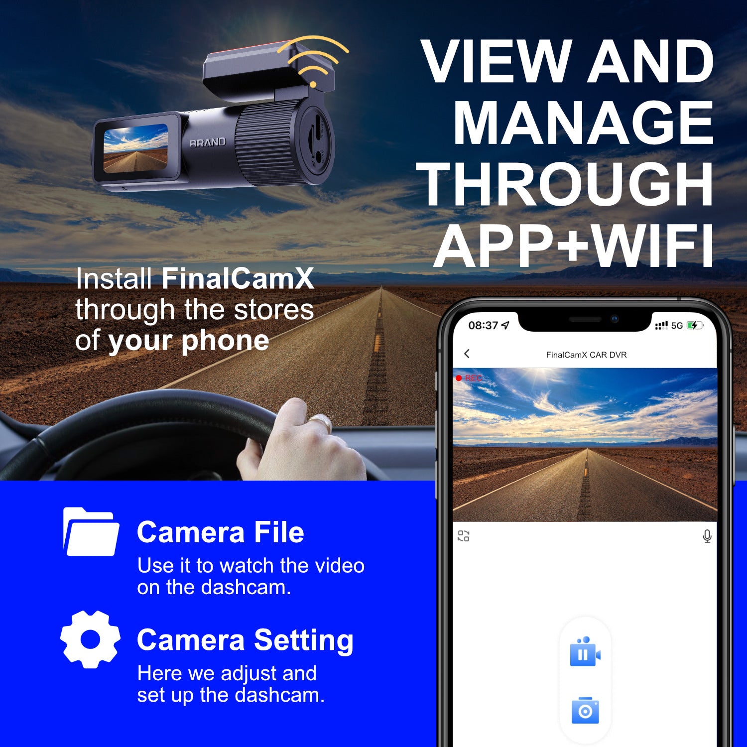 Car dashboard with a dashcam and smartphone displaying app interface, against a road and sky background.