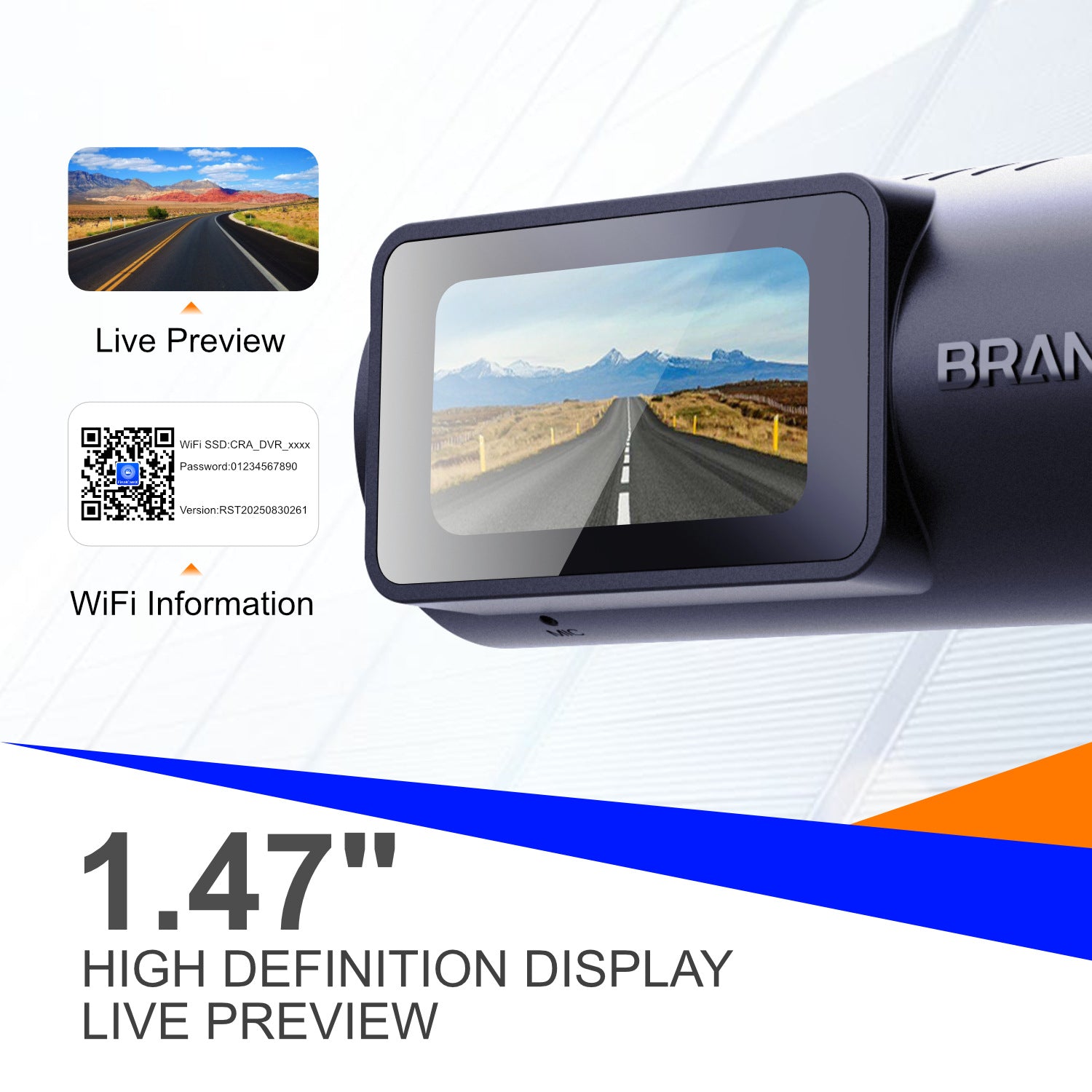 Car dashboard camera with 1.47" high definition display and live preview feature on a white background.