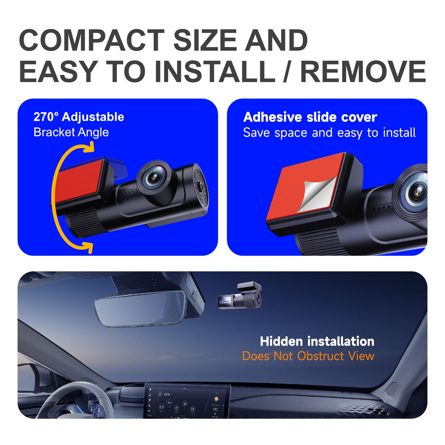 Car dashboard camera with features highlighted on a blue background