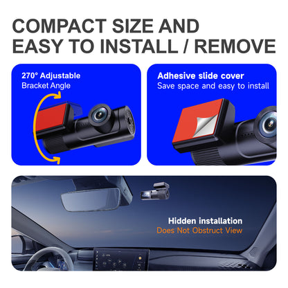 Car dashboard camera with features highlighted on a blue background
