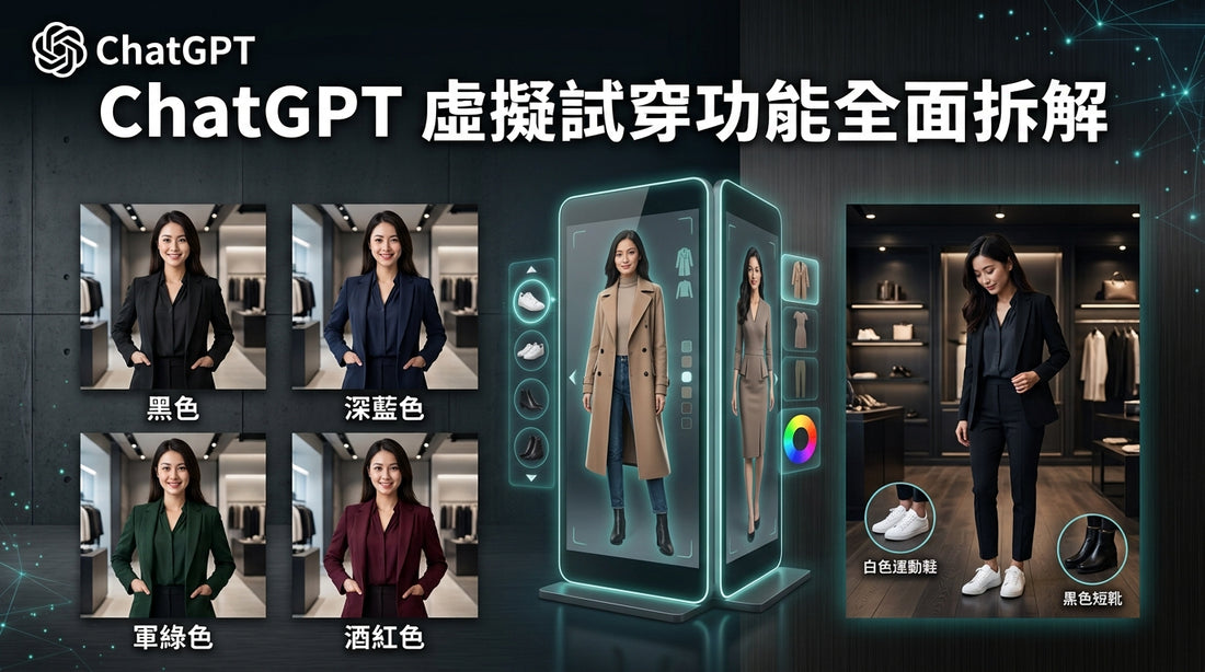 Promotional graphic for ChatGPT virtual try-on functionality, showing multiple model photos in different clothing colors and a central glowing virtual mannequin screen displaying a woman in a beige trench coat. Text in Chinese explains the virtual try-on function, with color options labeled in Chinese.