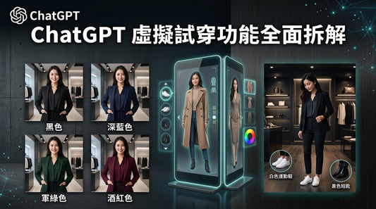 Promotional graphic for ChatGPT virtual try-on functionality, showing multiple model photos in different clothing colors and a central glowing virtual mannequin screen displaying a woman in a beige trench coat. Text in Chinese explains the virtual try-on function, with color options labeled in Chinese.