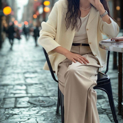 Chic Notched Lapel Knit Cardigan | Relaxed Fit Jacket with Metal Buttons | Creamy White