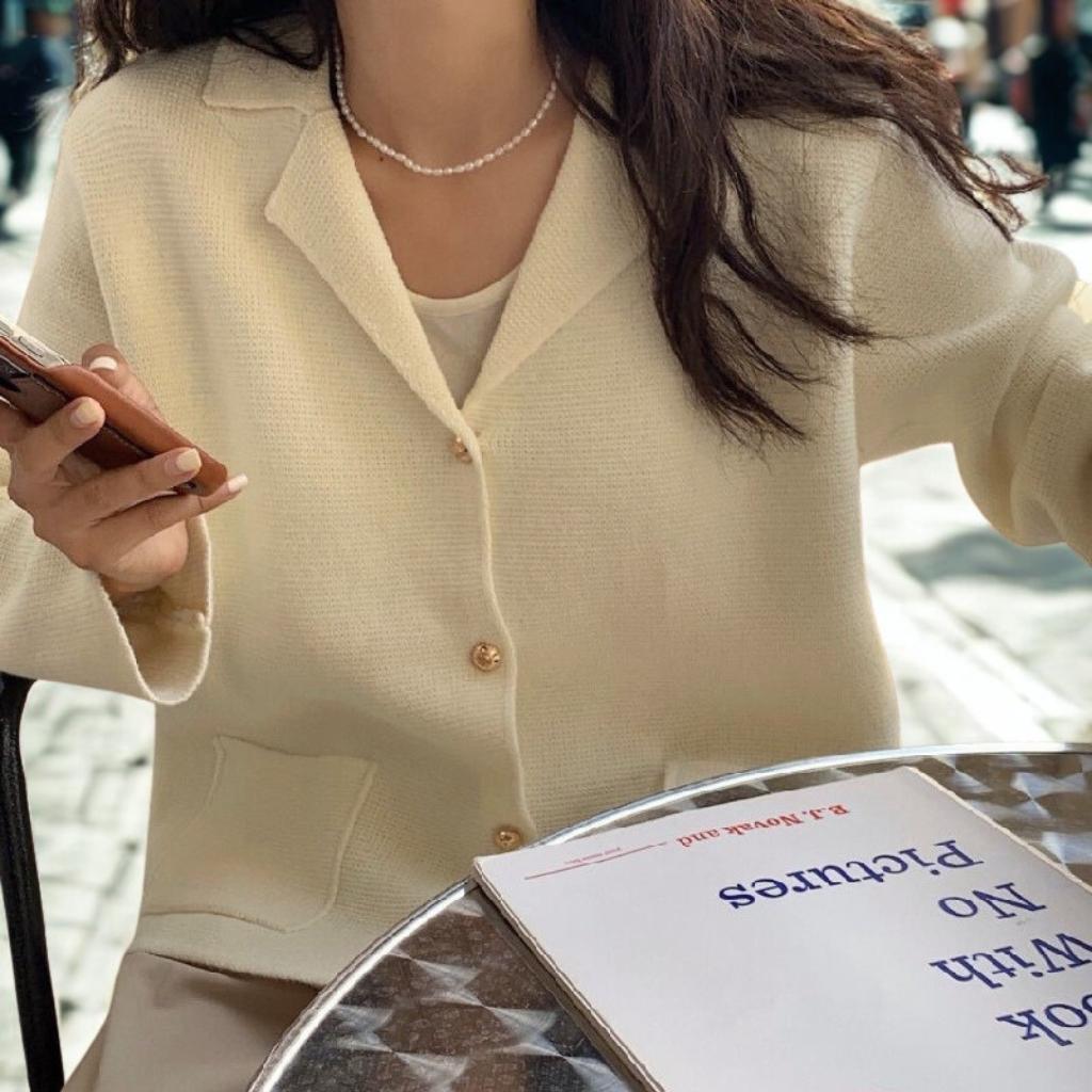 Chic Notched Lapel Knit Cardigan | Relaxed Fit Jacket with Metal Buttons | Creamy White
