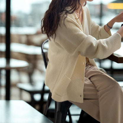 Chic Notched Lapel Knit Cardigan | Relaxed Fit Jacket with Metal Buttons | Creamy White