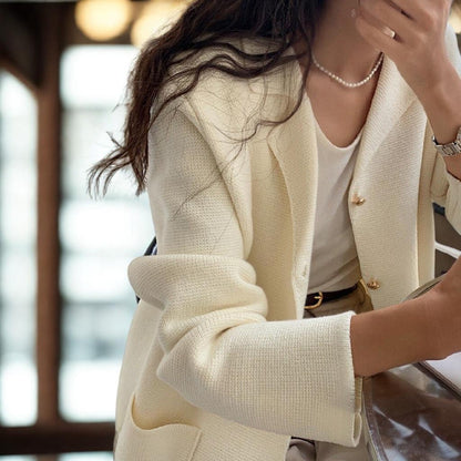 Chic Notched Lapel Knit Cardigan | Relaxed Fit Jacket with Metal Buttons | Creamy White