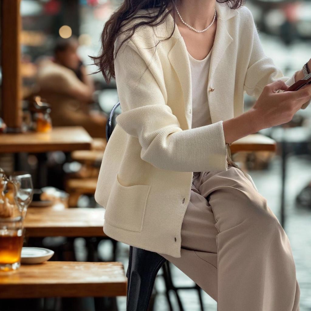 Chic Notched Lapel Knit Cardigan | Relaxed Fit Jacket with Metal Buttons | Creamy White