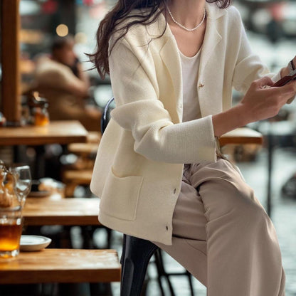 Chic Notched Lapel Knit Cardigan | Relaxed Fit Jacket with Metal Buttons | Creamy White