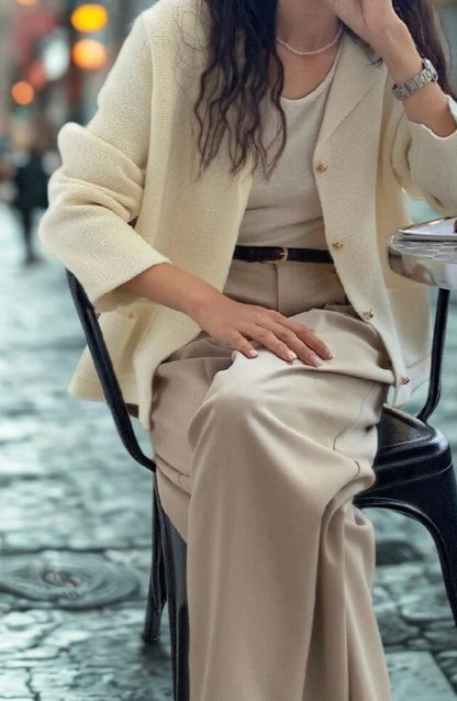 Chic Notched Lapel Knit Cardigan | Relaxed Fit Jacket with Metal Buttons | Creamy White