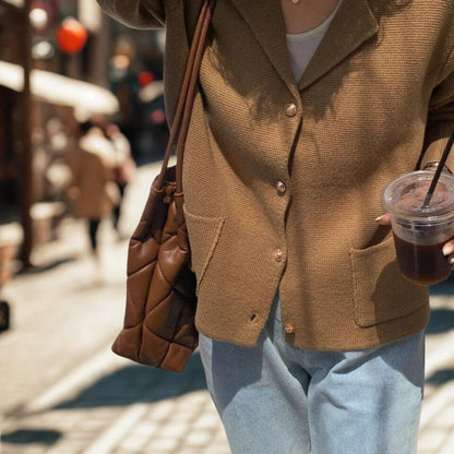 Chic Notched Lapel Knit Cardigan | Relaxed Fit Jacket with Metal Buttons | Khaki