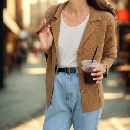 Chic Notched Lapel Knit Cardigan | Relaxed Fit Jacket with Metal Buttons | Khaki