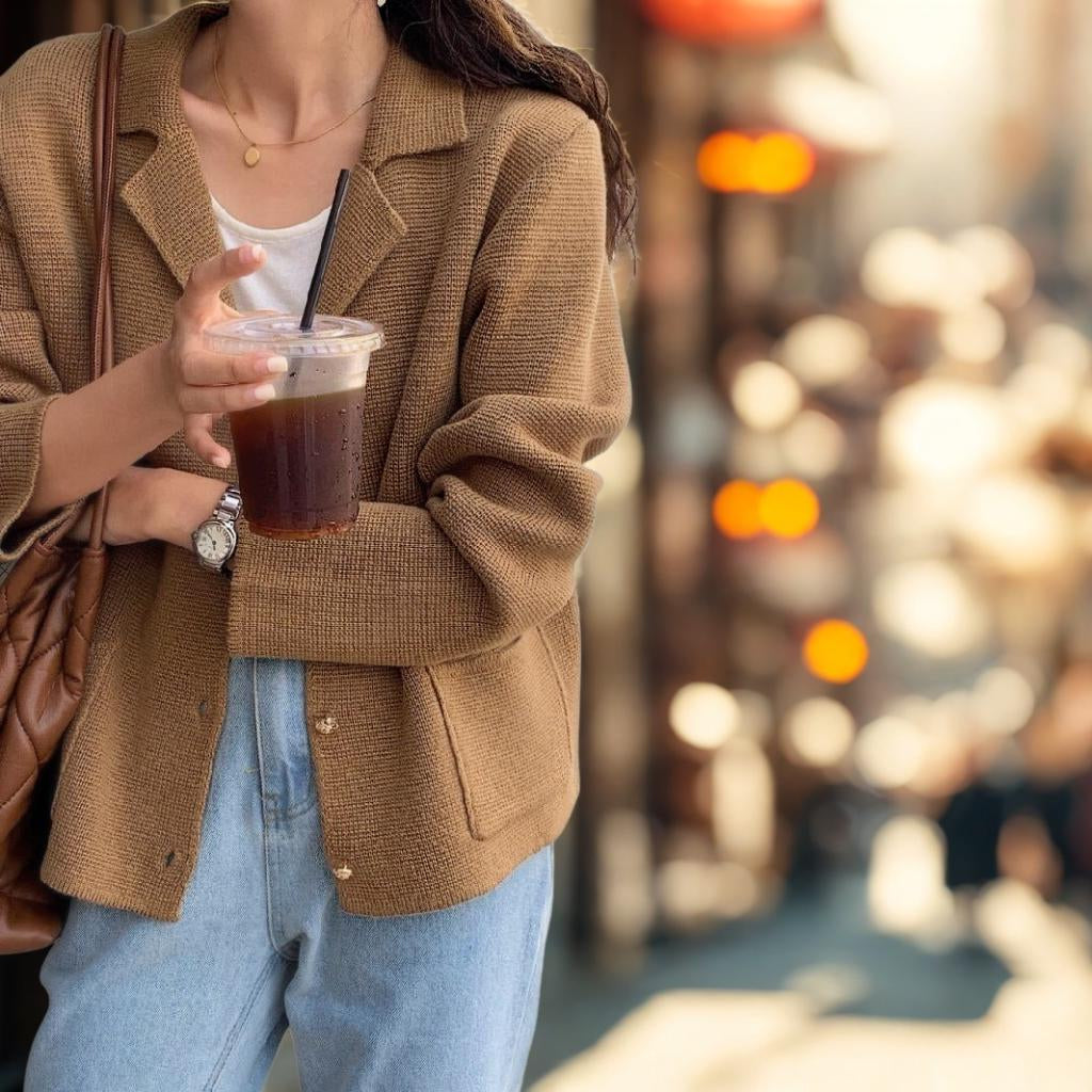 Chic Notched Lapel Knit Cardigan | Relaxed Fit Jacket with Metal Buttons | Khaki