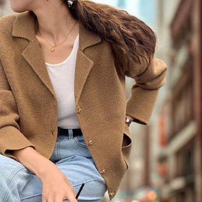 Chic Notched Lapel Knit Cardigan | Relaxed Fit Jacket with Metal Buttons | Khaki