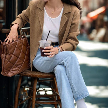 Chic Notched Lapel Knit Cardigan | Relaxed Fit Jacket with Metal Buttons | Khaki