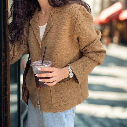 Chic Notched Lapel Knit Cardigan | Relaxed Fit Jacket with Metal Buttons | Khaki