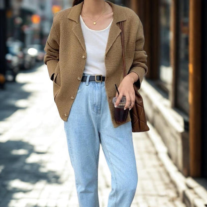 Chic Notched Lapel Knit Cardigan | Relaxed Fit Jacket with Metal Buttons | Khaki