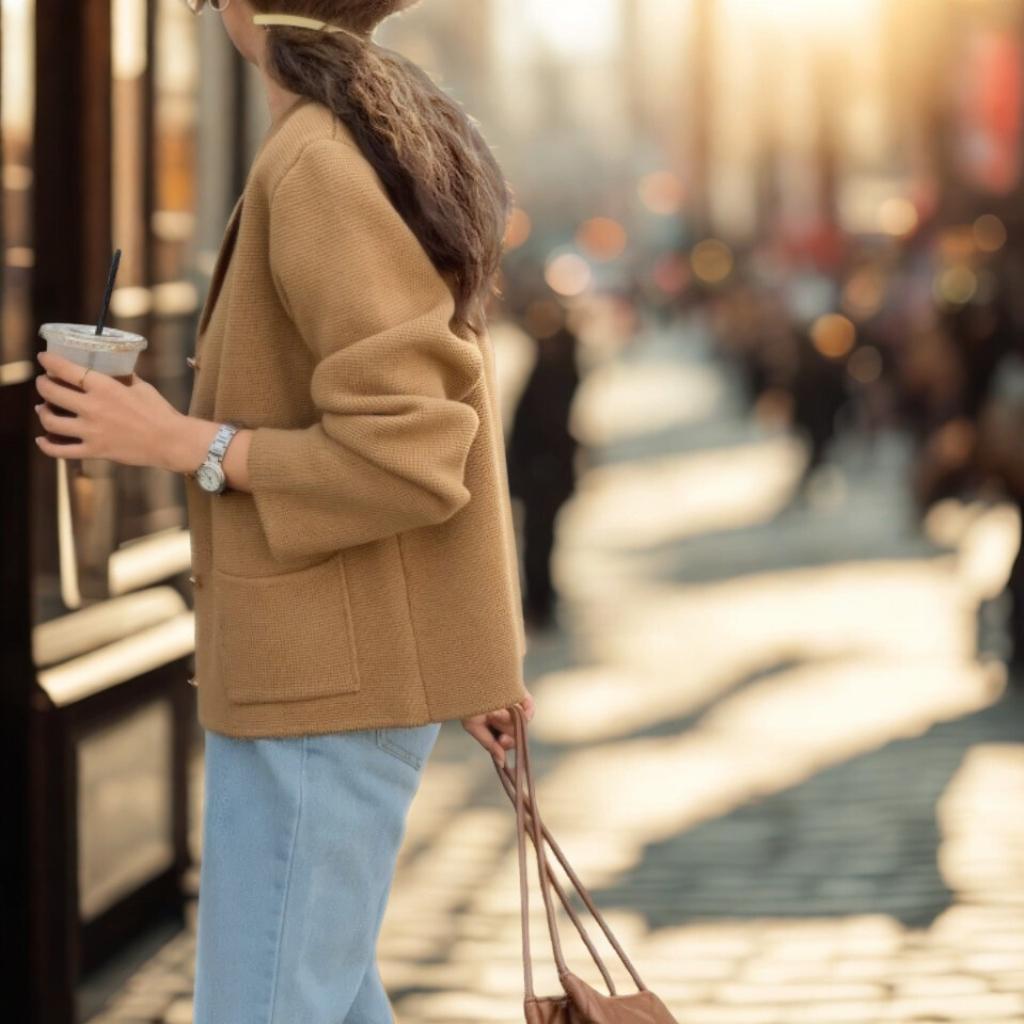 Chic Notched Lapel Knit Cardigan | Relaxed Fit Jacket with Metal Buttons | Khaki