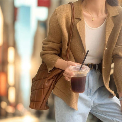 Chic Notched Lapel Knit Cardigan | Relaxed Fit Jacket with Metal Buttons | Khaki