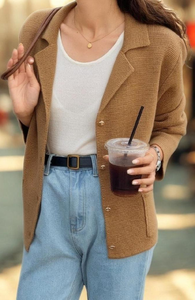 Chic Notched Lapel Knit Cardigan | Relaxed Fit Jacket with Metal Buttons | Khaki