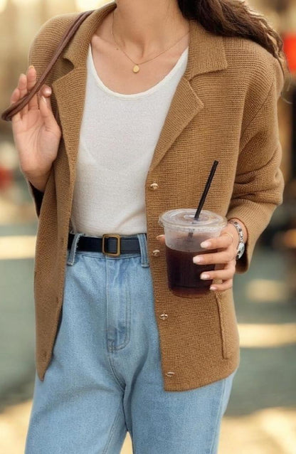 Chic Notched Lapel Knit Cardigan | Relaxed Fit Jacket with Metal Buttons | Khaki