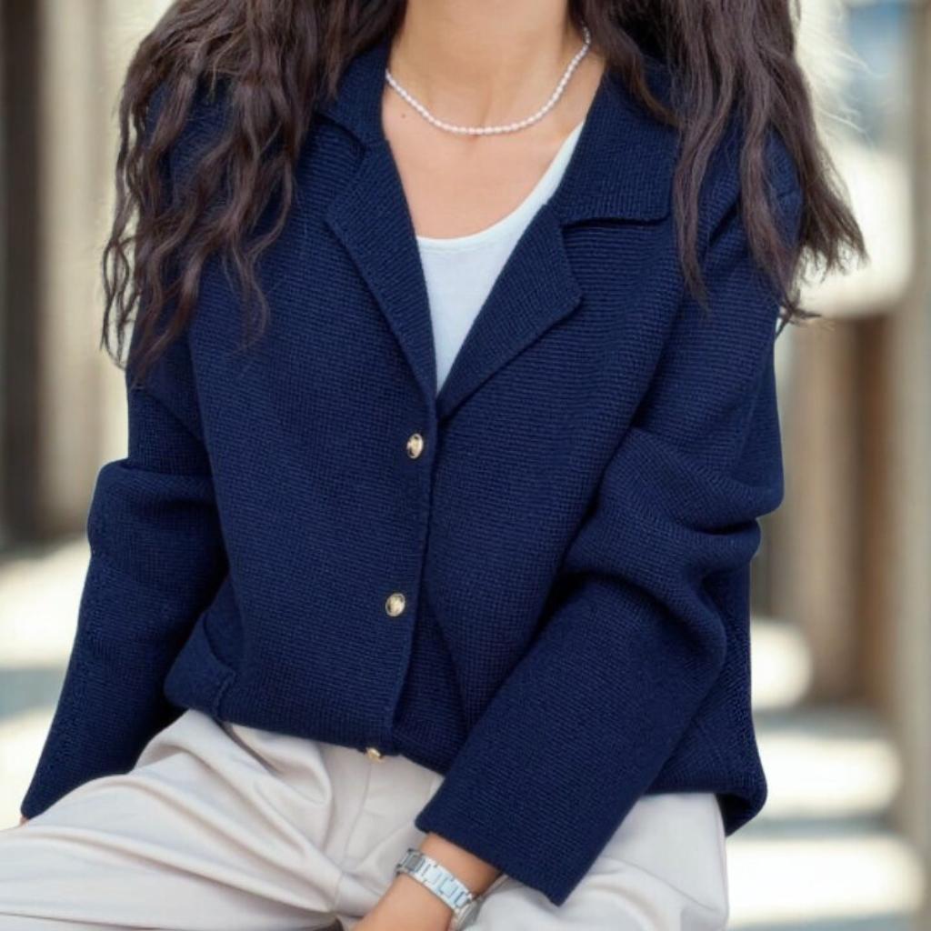 Chic Notched Lapel Knit Cardigan | Relaxed Fit Jacket with Metal Buttons | Navy
