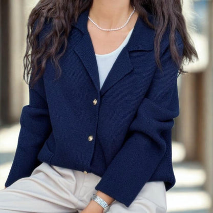 Chic Notched Lapel Knit Cardigan | Relaxed Fit Jacket with Metal Buttons | Navy