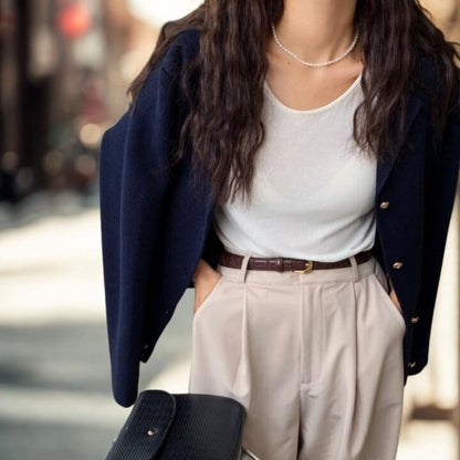 Chic Notched Lapel Knit Cardigan | Relaxed Fit Jacket with Metal Buttons | Navy