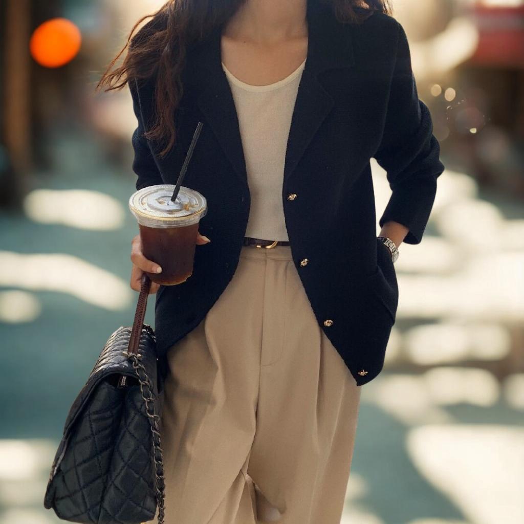 Chic Notched Lapel Knit Cardigan | Relaxed Fit Jacket with Metal Buttons | Navy