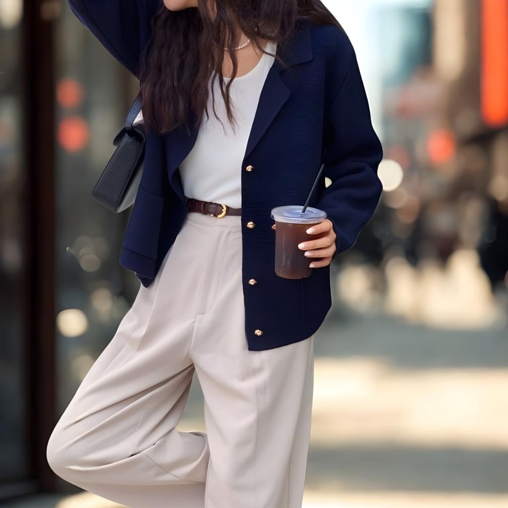 Chic Notched Lapel Knit Cardigan | Relaxed Fit Jacket with Metal Buttons | Navy