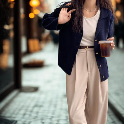 Chic Notched Lapel Knit Cardigan | Relaxed Fit Jacket with Metal Buttons | Navy