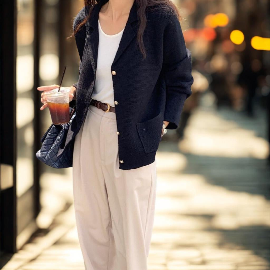 Chic Notched Lapel Knit Cardigan | Relaxed Fit Jacket with Metal Buttons | Navy