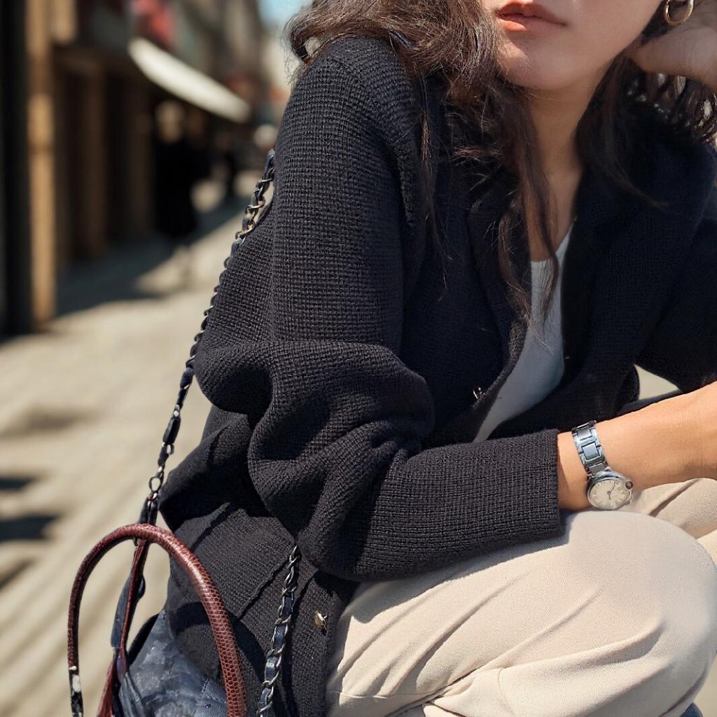 Chic Notched Lapel Knit Cardigan | Relaxed Fit Jacket with Metal Buttons | Navy