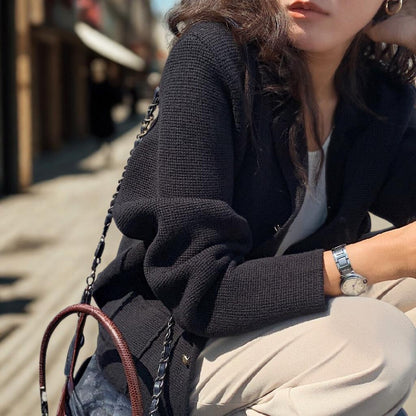 Chic Notched Lapel Knit Cardigan | Relaxed Fit Jacket with Metal Buttons | Navy