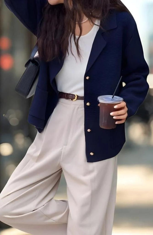 Chic Notched Lapel Knit Cardigan | Relaxed Fit Jacket with Metal Buttons | Navy