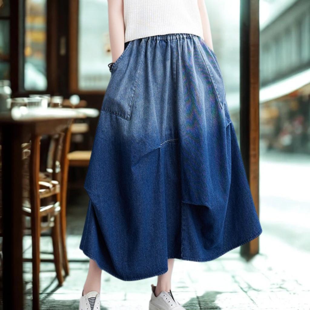 Denim A-Line Midi Skirt - Slimming Elegant Classic Pleated Wash Skirt