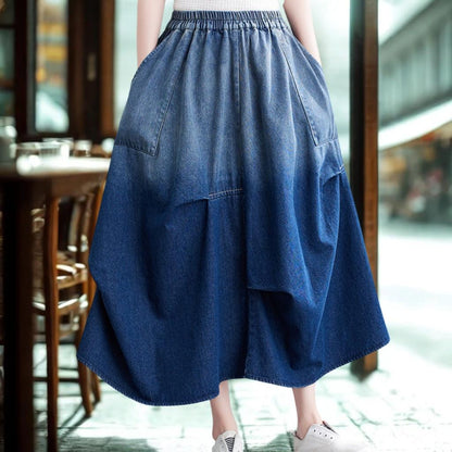 Denim A-Line Midi Skirt - Slimming Elegant Classic Pleated Wash Skirt