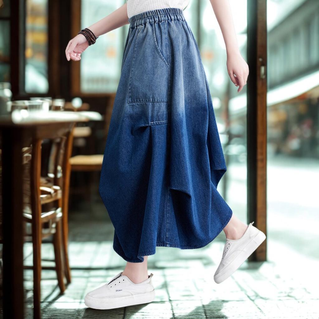 Denim A-Line Midi Skirt - Slimming Elegant Classic Pleated Wash Skirt