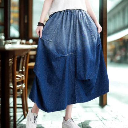 Denim A-Line Midi Skirt - Slimming Elegant Classic Pleated Wash Skirt