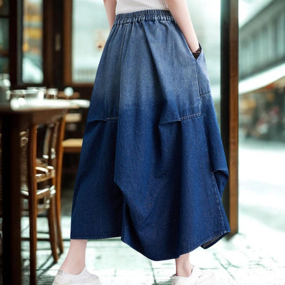 Denim A-Line Midi Skirt - Slimming Elegant Classic Pleated Wash Skirt