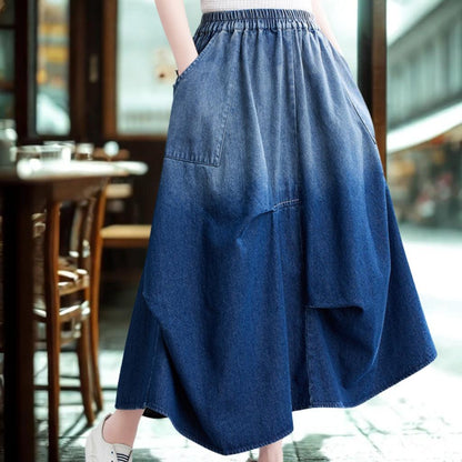 Denim A-Line Midi Skirt - Slimming Elegant Classic Pleated Wash Skirt