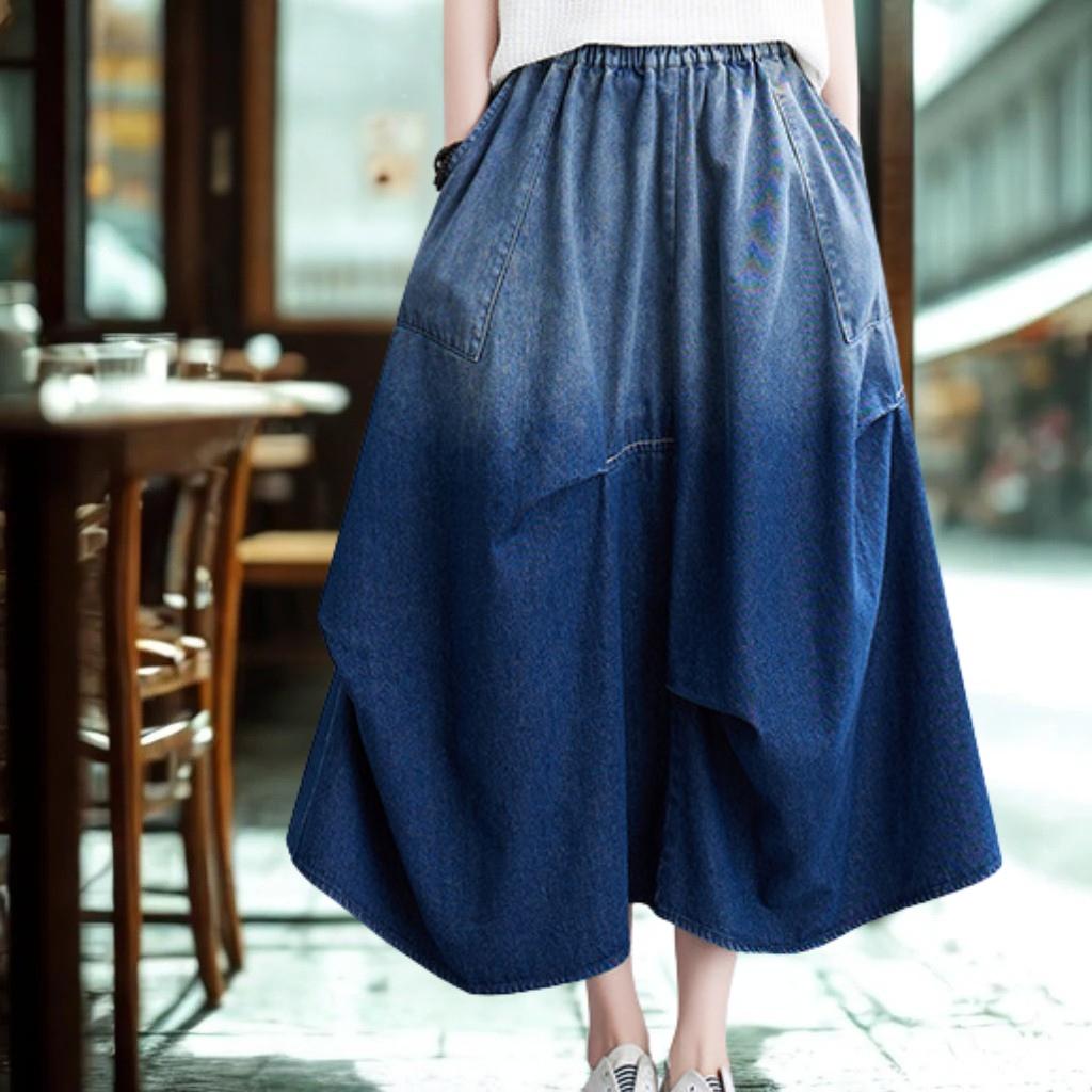 Denim A-Line Midi Skirt - Slimming Elegant Classic Pleated Wash Skirt
