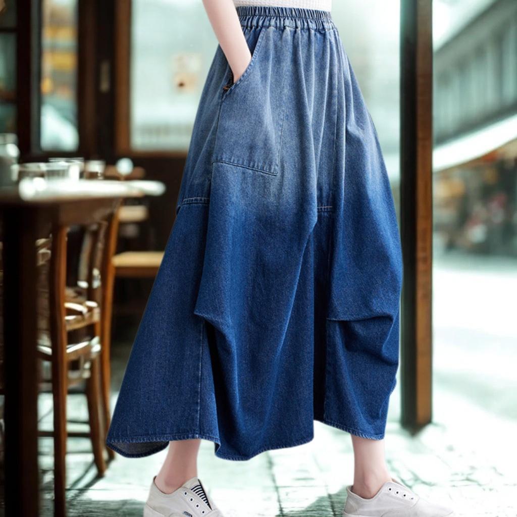 Denim A-Line Midi Skirt - Slimming Elegant Classic Pleated Wash Skirt