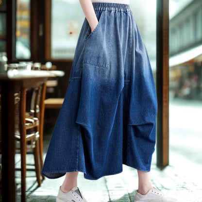 Denim A-Line Midi Skirt - Slimming Elegant Classic Pleated Wash Skirt