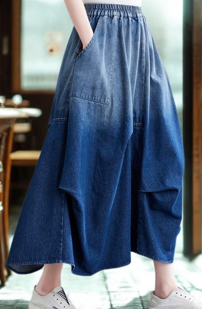 Denim A-Line Midi Skirt - Slimming Elegant Classic Pleated Wash Skirt