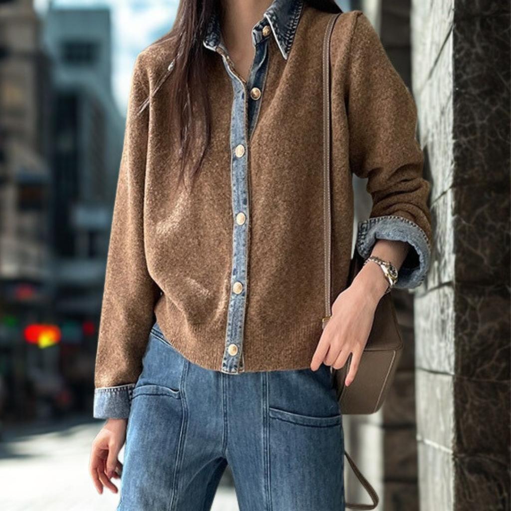 Denim Patchwork Knit Cardigan