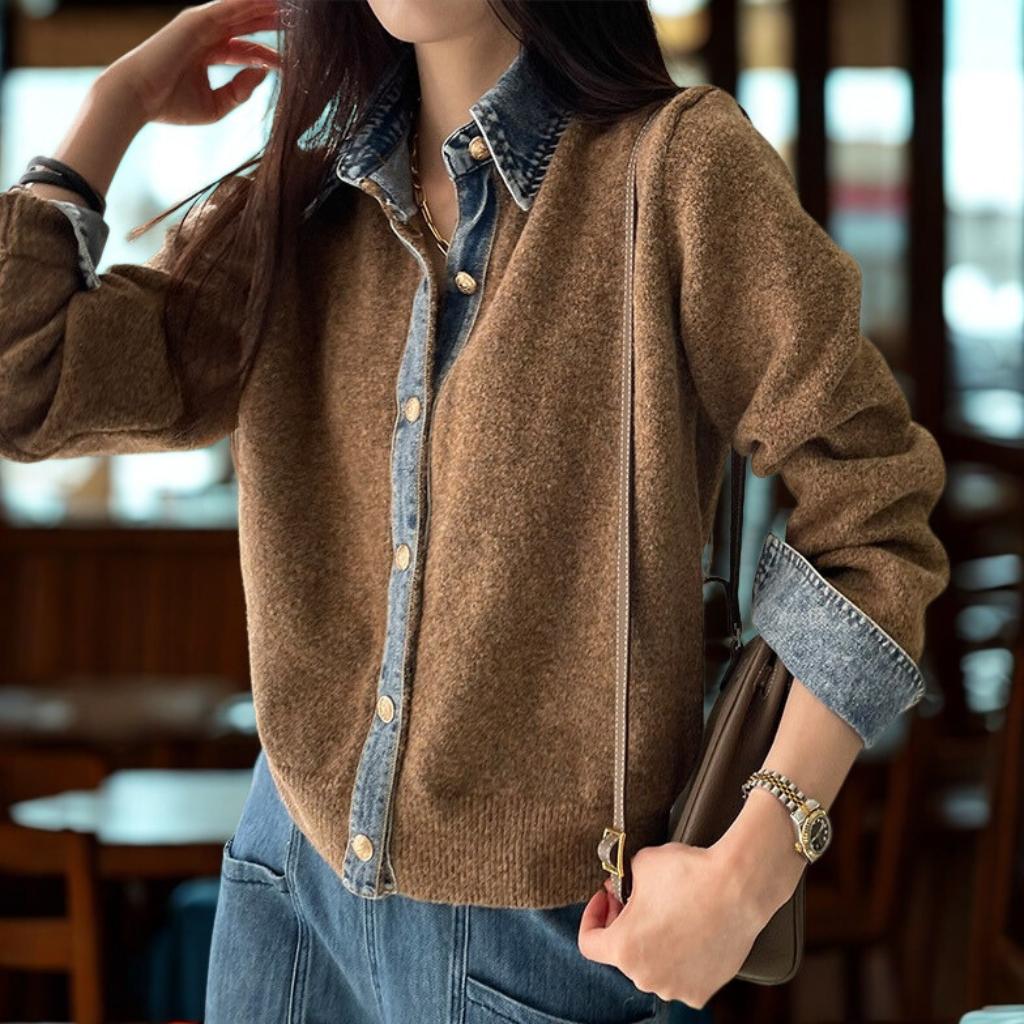 Denim Patchwork Knit Cardigan