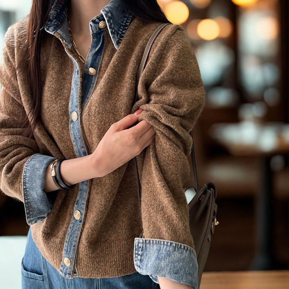 Denim Patchwork Knit Cardigan