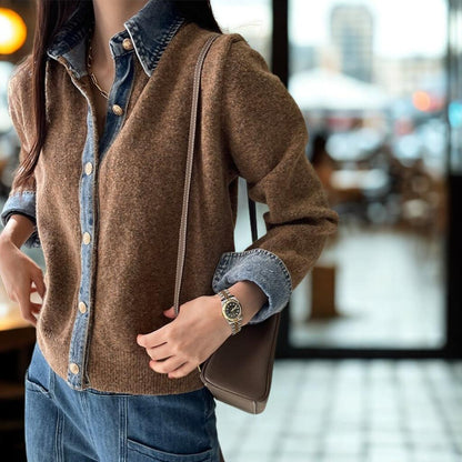 Denim Patchwork Knit Cardigan